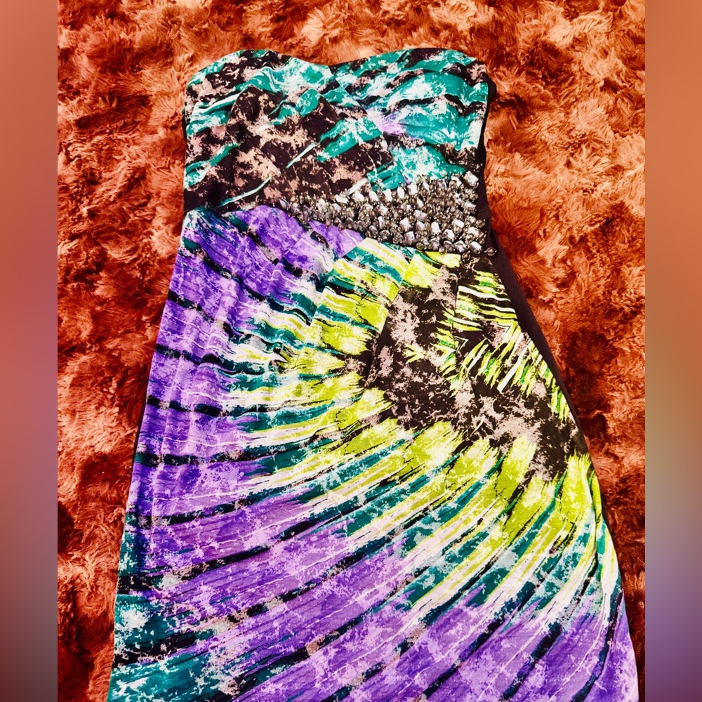 Multicolored embellished strapless dress